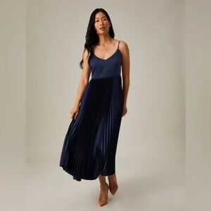 Blue Pleated Midi Dress with Spaghetti Straps